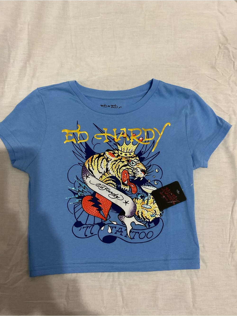 Ed Hardy Tiger Tattoo Rhinestone Graphic Baby Tee Blue